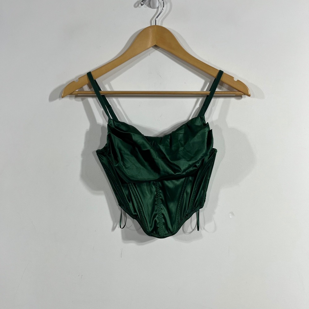 UO Y2K Renfair Boho Emerald Green Satin Cowl Neck Corset Top XS Coquette Dainty